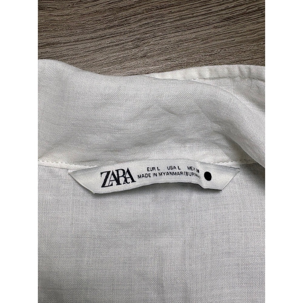 Zara White Ramie Tie Front Crop Blouse Ruffle Cuff Long Sleeve L Boho Feminine - Picture 7 of 13